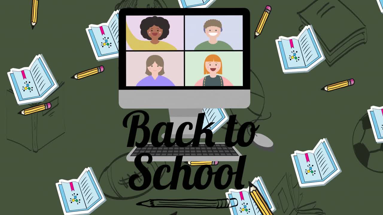 Animation of back to school text over school items icons on green background