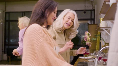 vista lateral de una mujer lavando los platos de la cena familiar en el fregadero de la cocina mientras habla con su madre que está quitando los platos de la mesa