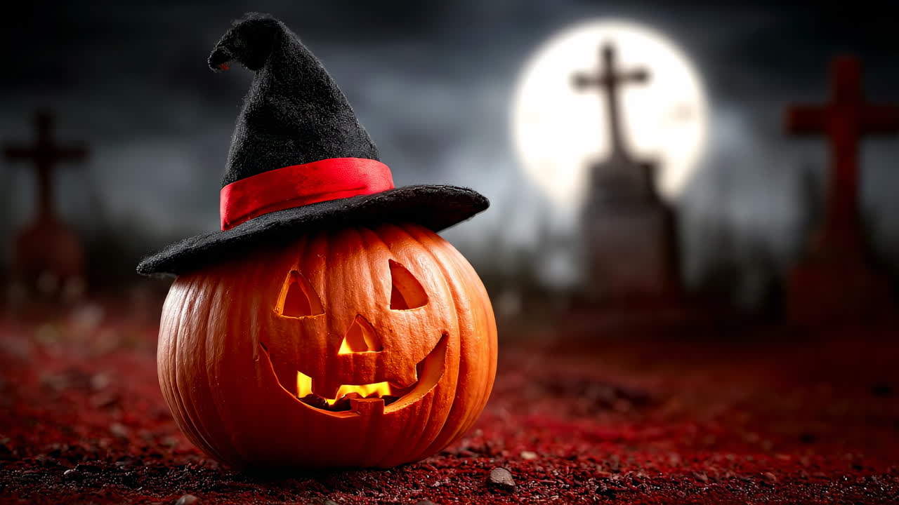 Halloween pumpkin with witch hat at night cemetery. Glowing carved Halloween pumpkin wearing a witch hat with red ribbon on a spooky cemetery background under the full moon