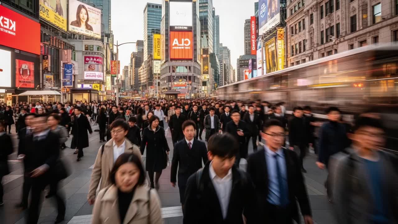 Captivating Urban Scene: A Thriving Crowd of Professionals Navigates the Busy Streets During Sunset, Showcasing the Energetic Pulse of City Life
