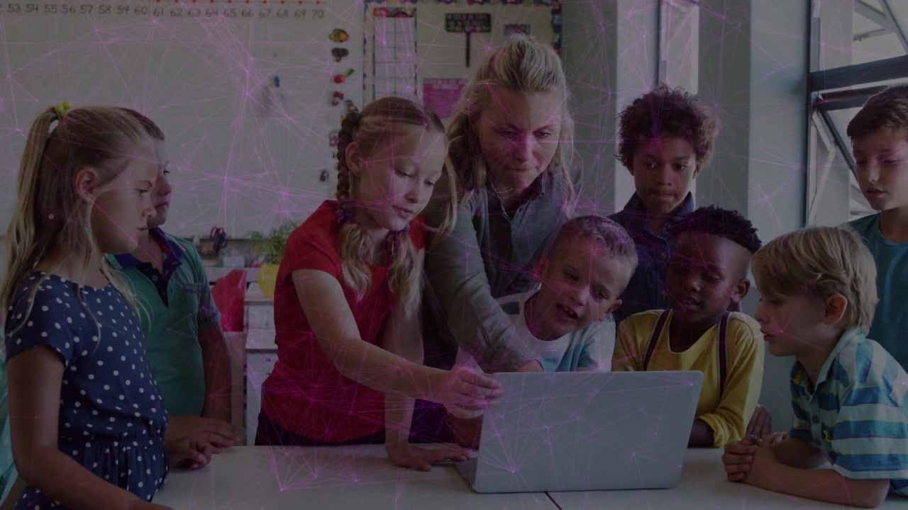 Animation of network of connections over diverse students using laptop