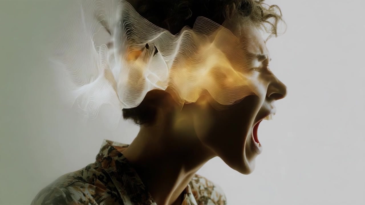 Un'intensa espressione di emozione: una persona che urla con effetti visivi che rappresentano tumulto interiore e passione, catturata in due inquadrature drammatiche.