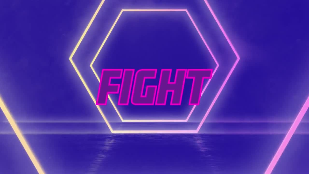 추상적인 배경에 반복되는 육각형 위의 전투 텍스트의 애니메이션