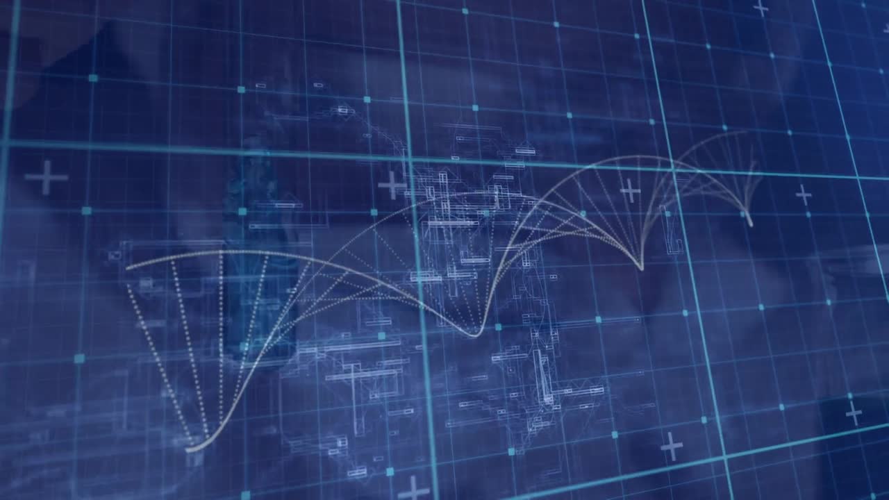 Animation of digital screen with dna on navy background