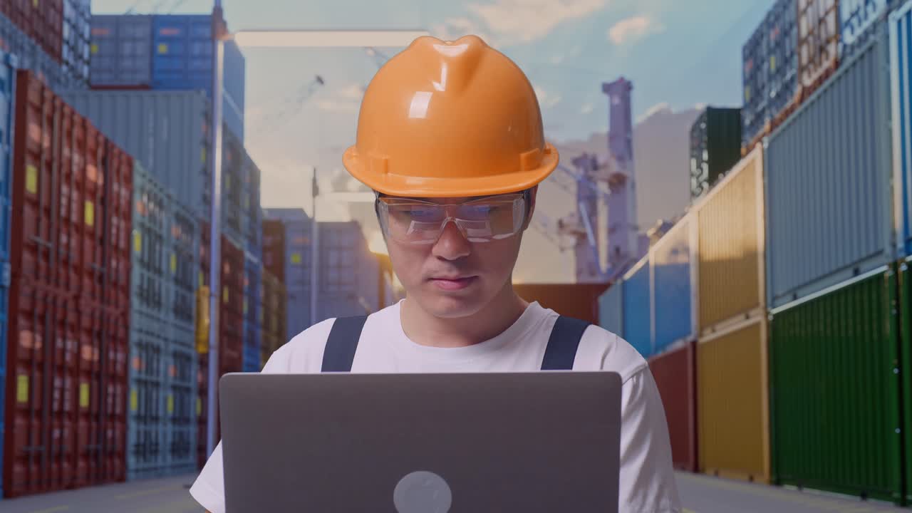close up de un trabajador asiático que usa gafas de protección y casco de seguridad usando una computadora portátil mientras está de pie en el almacén del patio de contenedores
