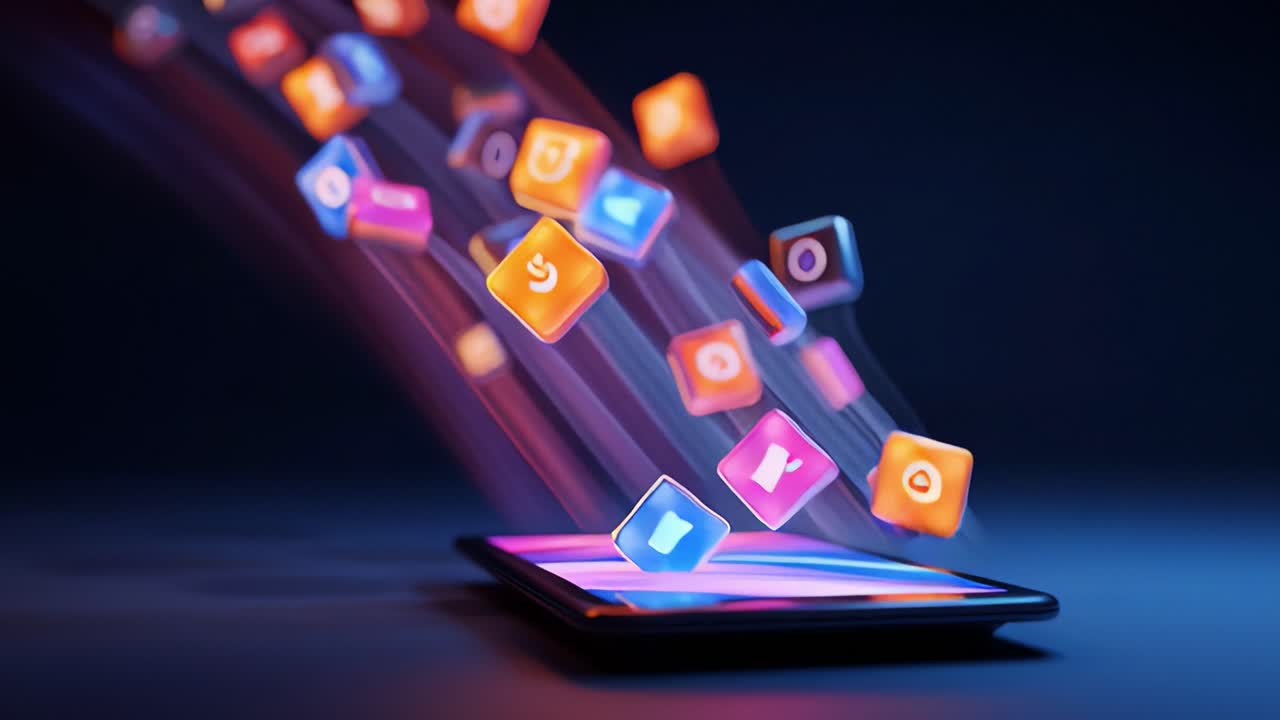 Dynamic display of digital icons emerging from a sleek tablet, illustrating the powerful influence of social media, communication, and digital interaction in our modern lives