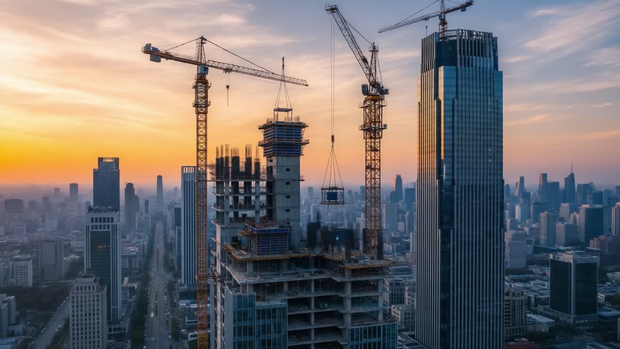Skyscraper Construction in a City at Sunset