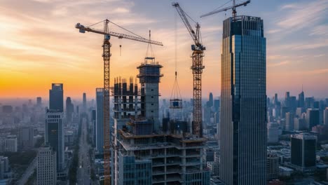 skyscraper construction in a city at sunset