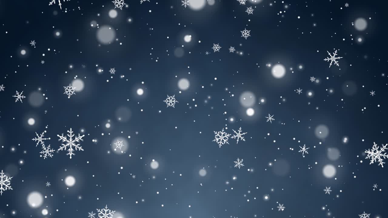 White confetti, snowflakes and bokeh lights on the blue Christmas background