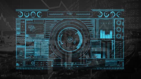 animation of financial data processing over cityscape