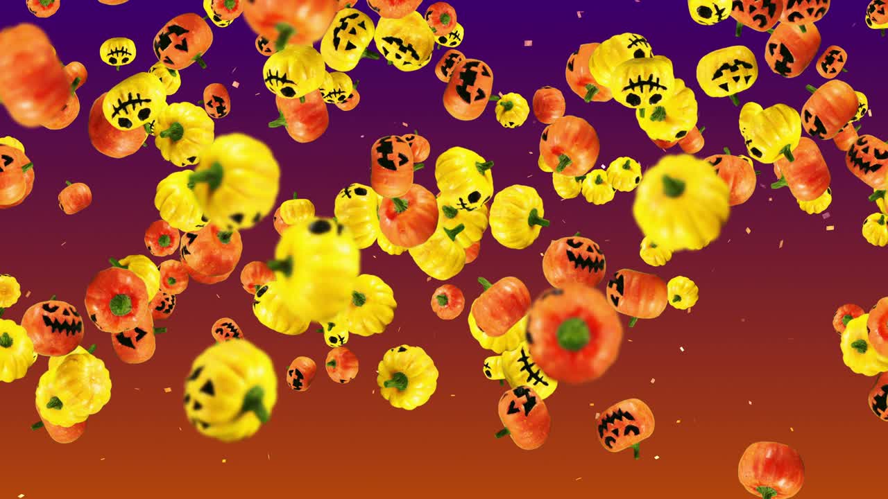 Flying many orange and yellow pumpkins. Gradient background. Cartoon faces with smile. 3D animation for the holiday Halloween. Loop animation.