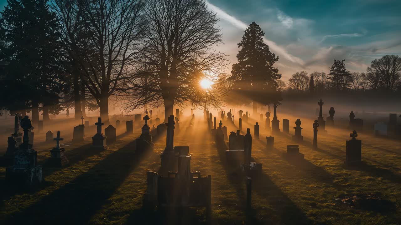 Piercing sunrise rays cutting through fog over cemetery beneath bare trees, highlighting headstones