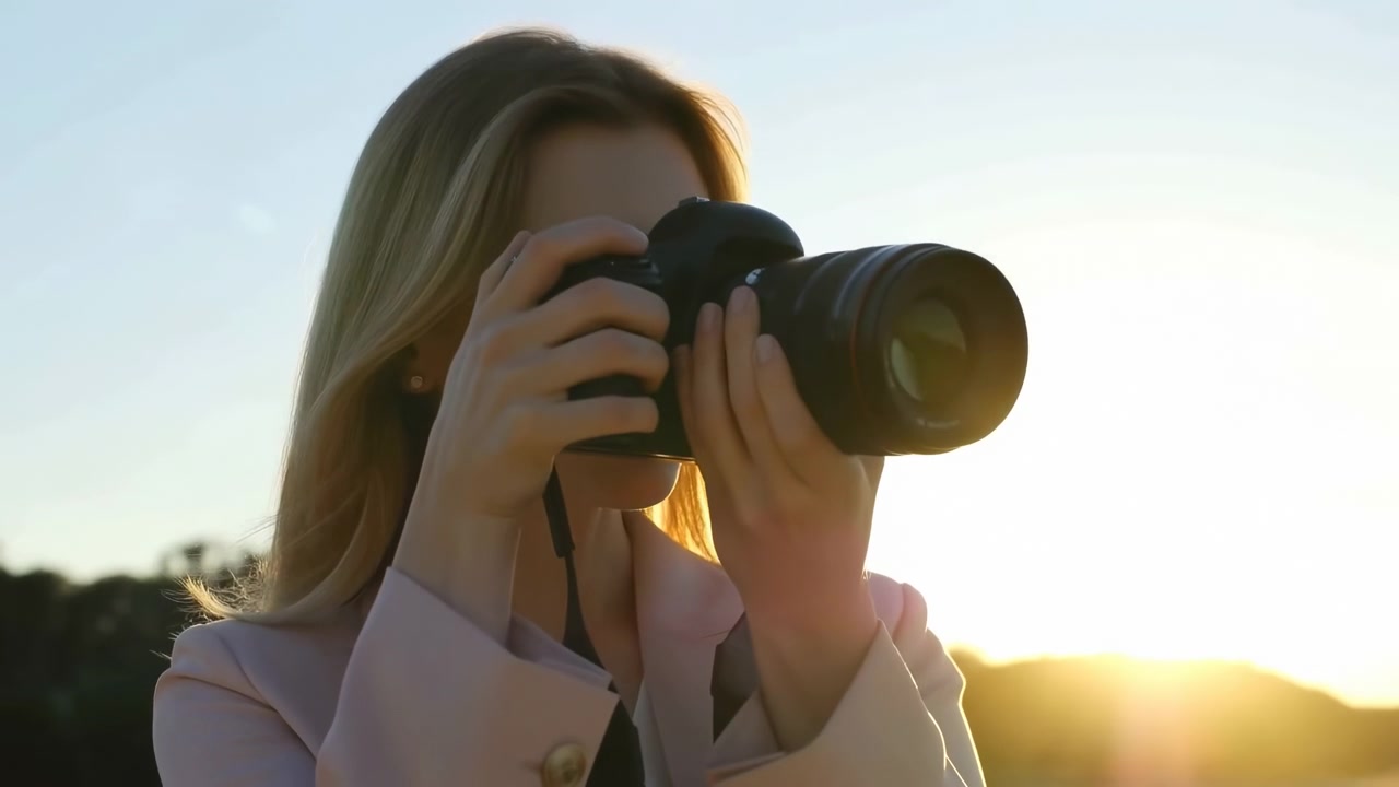 Naisvalokuvaaja kuvaa auringonlaskussa digikameralla ja teleobjektiivilla, vastavalosilhuetti ja lämmin sävy
