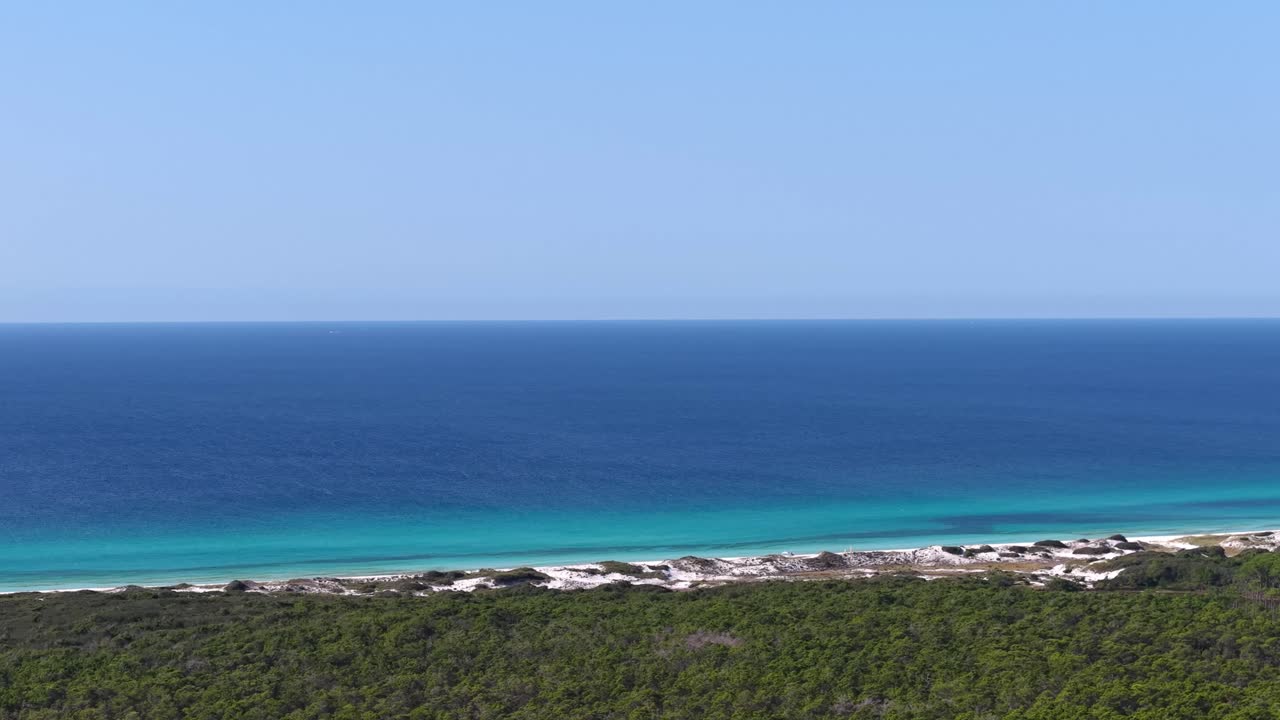 Panoramic drone fly at turquoise ocean bay and tropical coastal side of 30A, Florida, USA