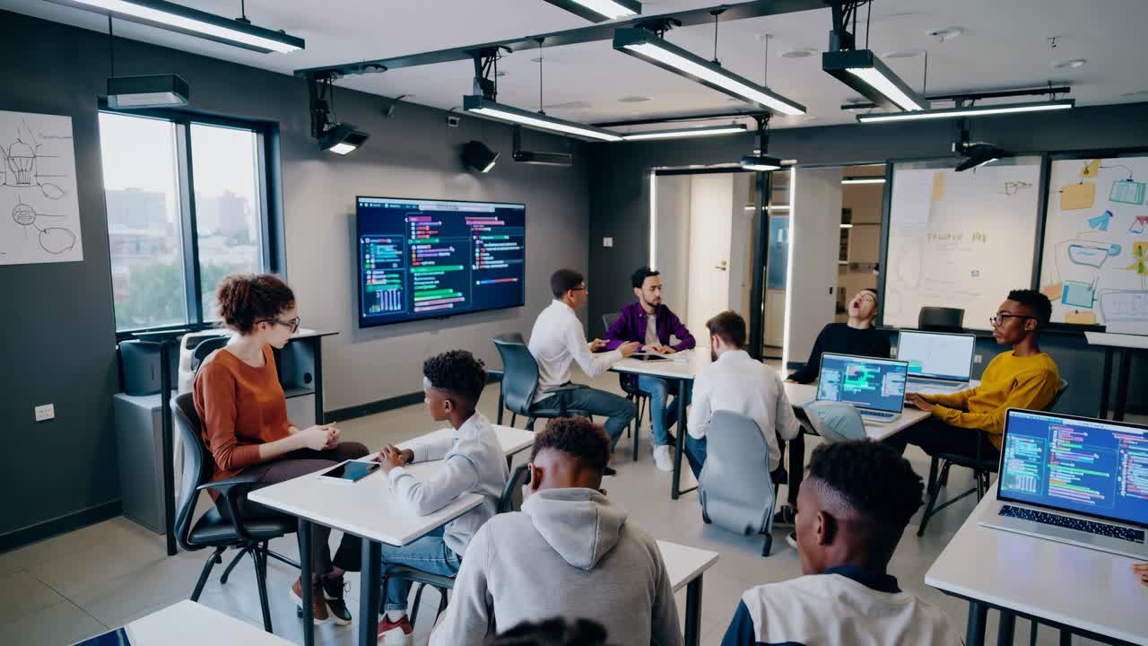 High-angle shot of a modern classroom with diverse students coding on laptops