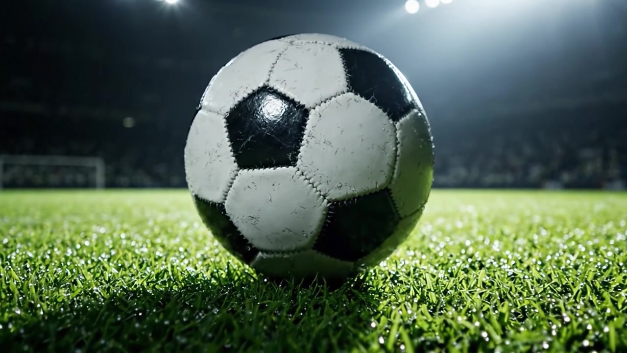 Pandangan Dekat Bola Sepak yang Usang di Lapangan Rumput Berembun di Bawah Lampu Stadion, Menangkap Esensi Atletis dan Semangat Tim dalam Olahraga