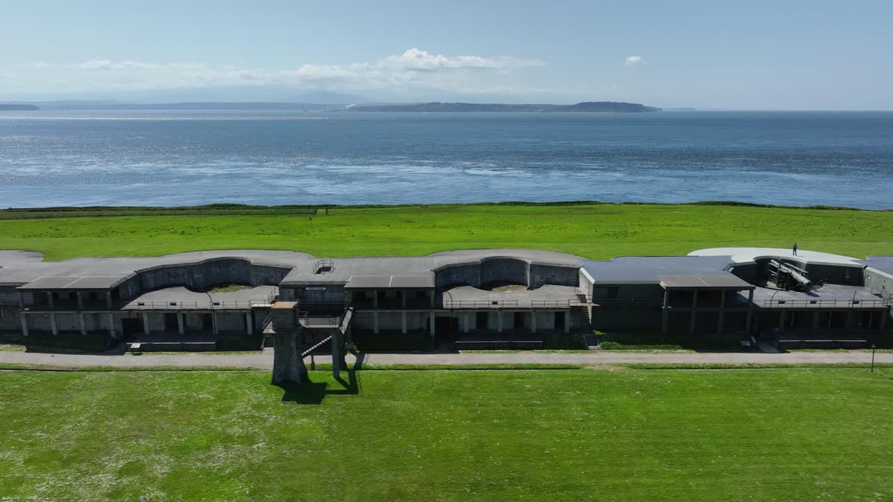 Dolly drone shot of the Fort Casey military facility in Washington State.