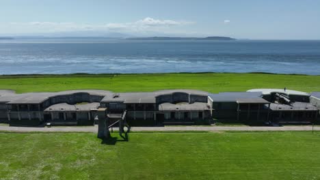 dolly drone shot of the fort casey military facility in washington state.