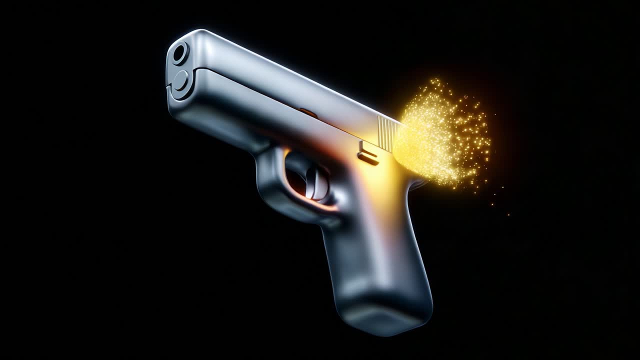 A sleek, modern pistol is showcased against a dark backdrop, emphasizing its design and craftsmanship as it ejects particles of energy, highlighting the concept of power and precision in weaponry