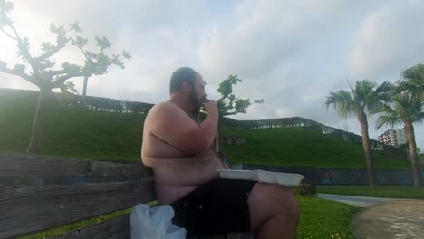 뚱뚱한 셔츠를 입지 않은 슬롭은 공원 벤치에서 짭짤한 칩을 먹으면서 뚱뚱하고 털이 많은 배를 노출합니다.