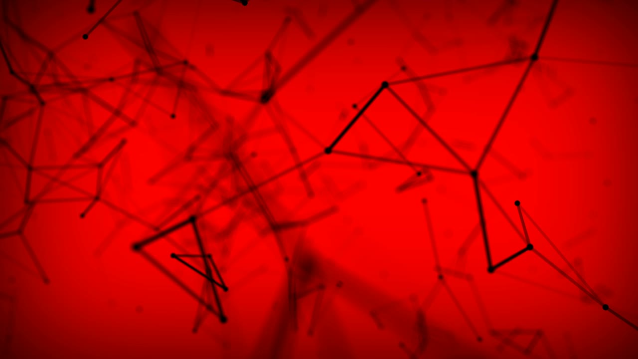 red de plexo abstracto de líneas negras conectadas y partículas de puntos en fondo rojo.