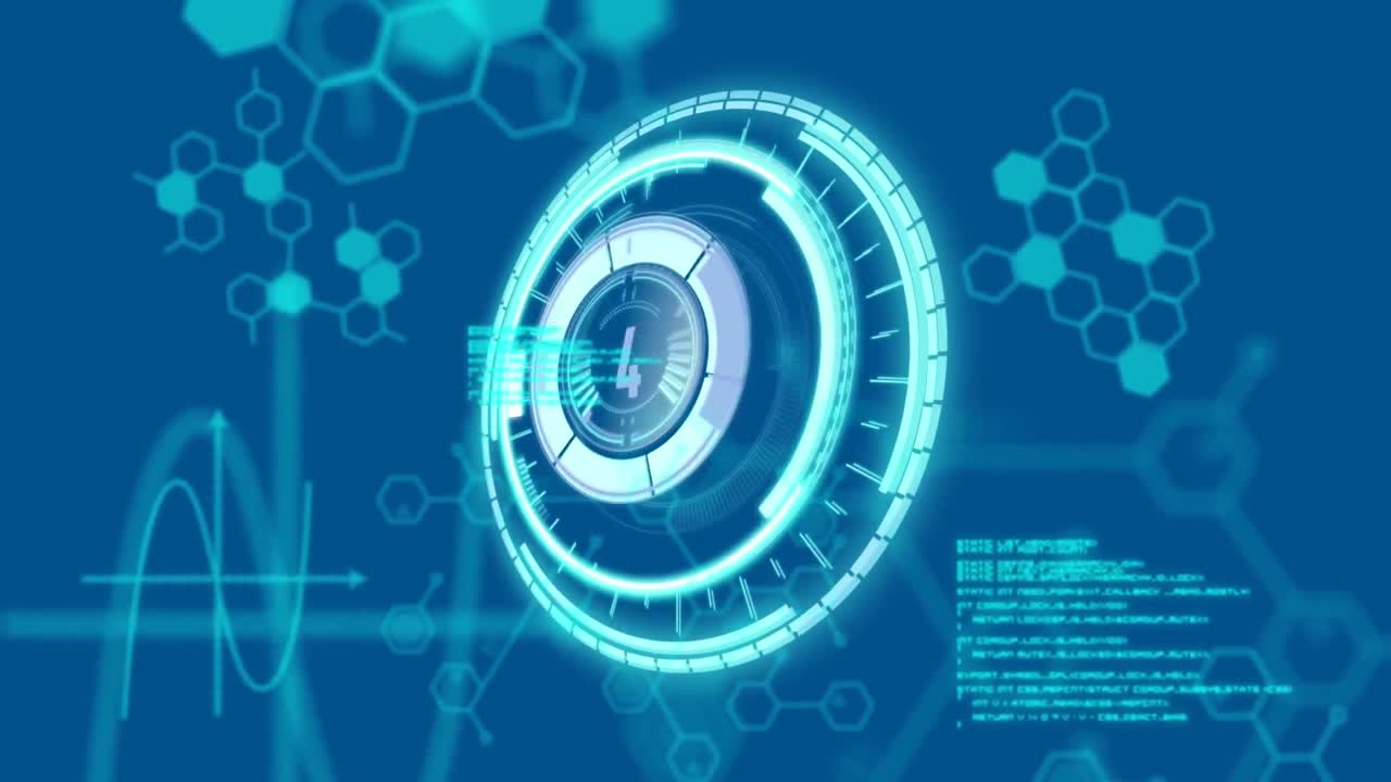 animazione della scansione del campo di applicazione e dell'elaborazione dei dati scientifici su sfondo blu