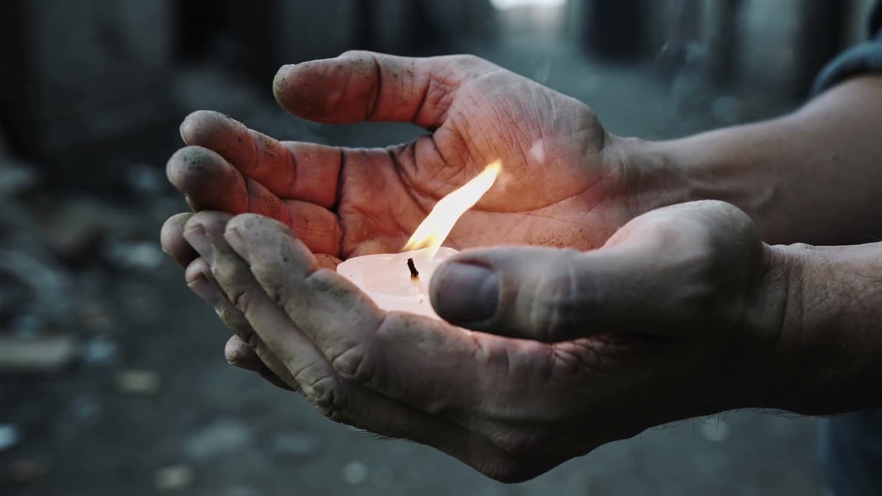 Mãos sujas segurando uma vela tealight em um beco, punho protegendo a chama da brisa, fumaça subindo.