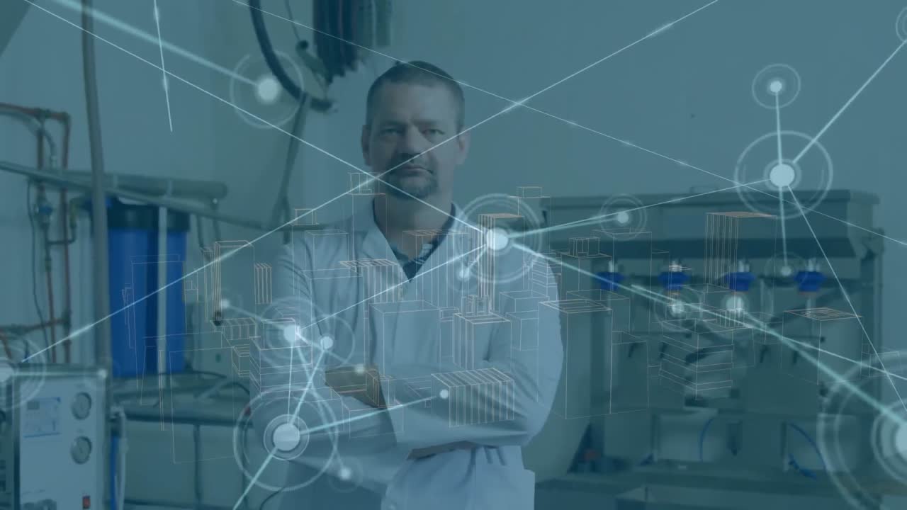 animación de la red de conexiones sobre el trabajador de tejido caucásico