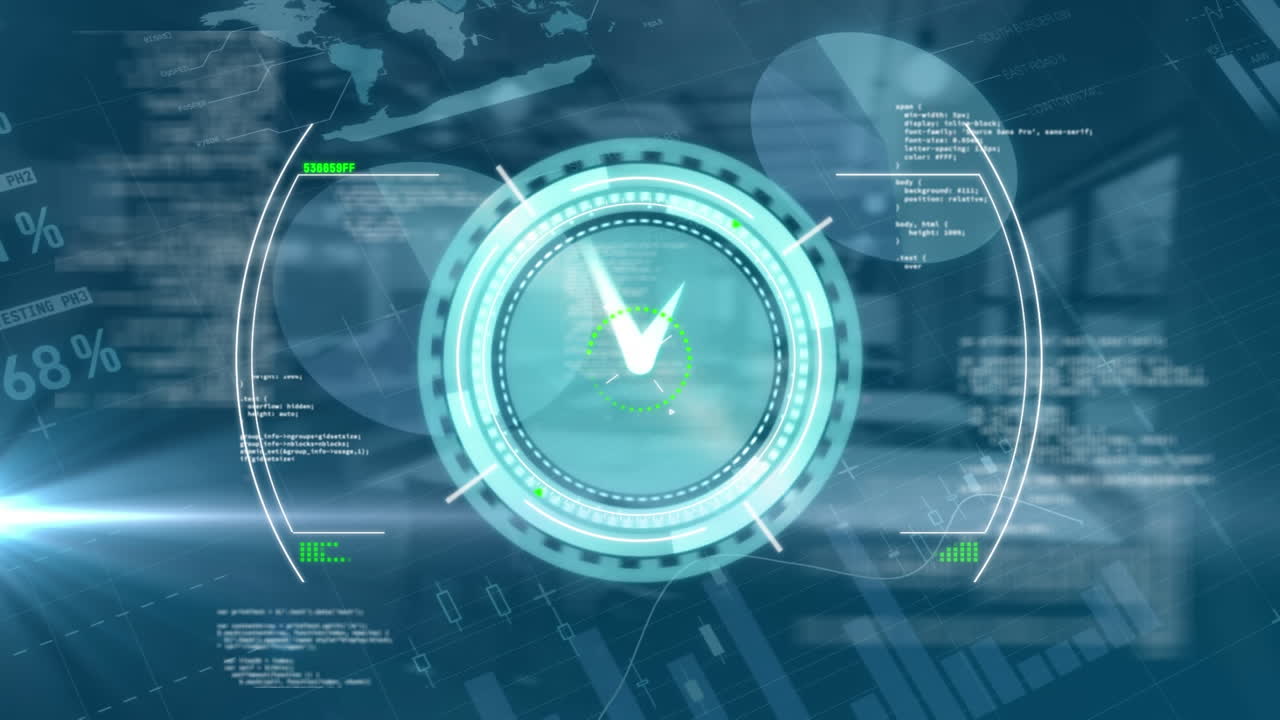 Animation of financial data processing over empty office