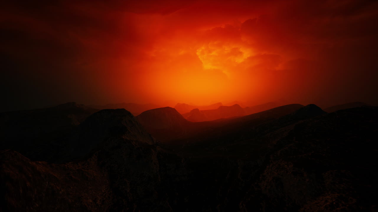 일몰 때 바위산 위 의 극적 인 하늘