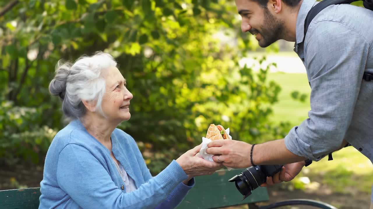 A Heartwarming Moment of Connection: An Older Woman Receiving a Snack from a Caregiver, Captured in a Serene Outdoor Park Setting