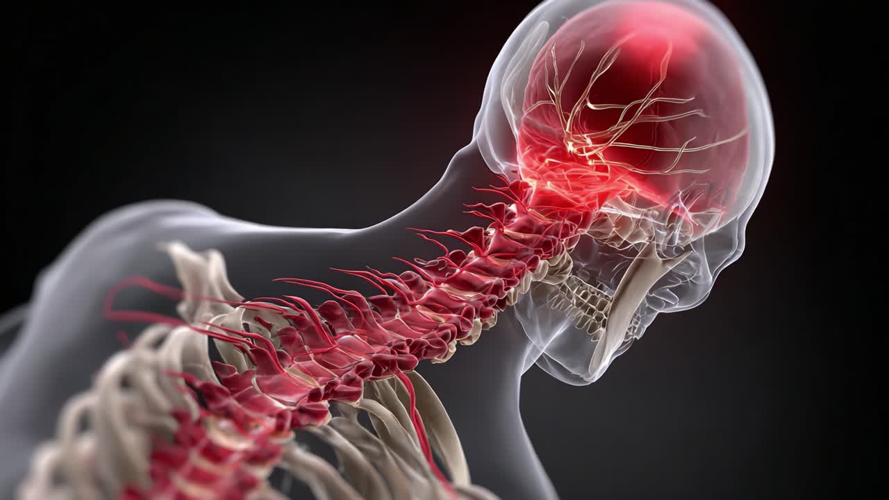 Detaljeret anatomisk visualisering af menneskets nervesystem med fokus på rygmarven og hjernestrukturer i et dynamisk perspektiv