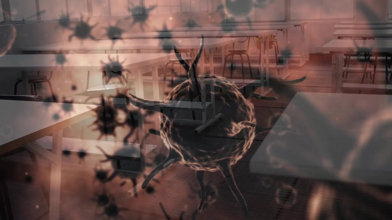 Translucent shapes drifting into view, forming rotating virus particles visualizing cafeteria risk