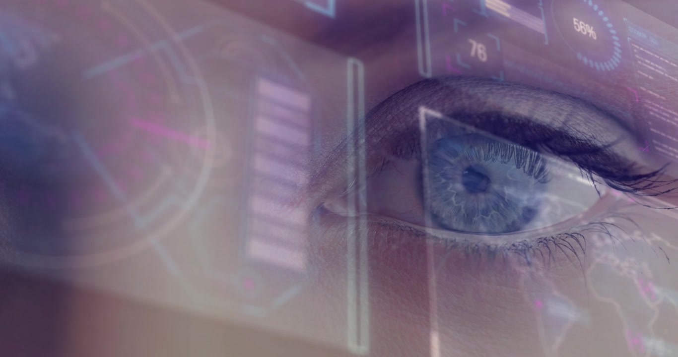 Animation of data processing over eye of caucasian woman