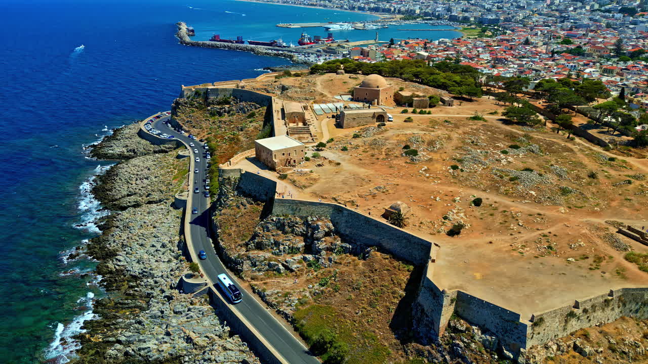 Aerial View Of Old Venetian Fortezza Castle Near The Island Of Crete In Rethymnon, Greece. wide shot