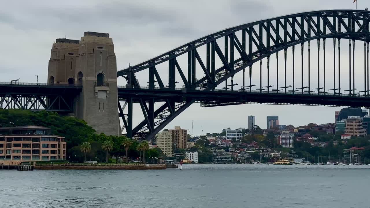 Sydney Harbour Bridge closeup pylon NSW Australia Port Jackson Bay overcast