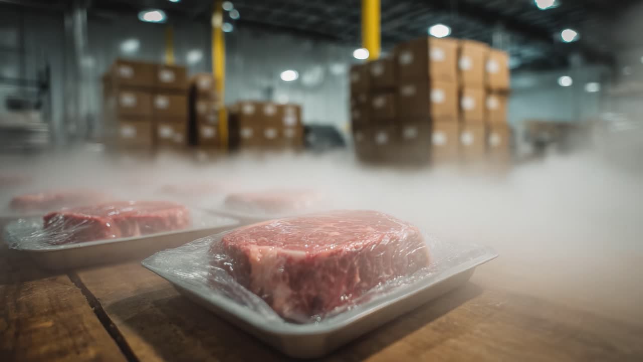 Fresh Cuts of Premium Meat Displayed on a Chilled Surface in an Industrial Storage Facility, Surrounded by Packaging and a Steamy Atmosphere