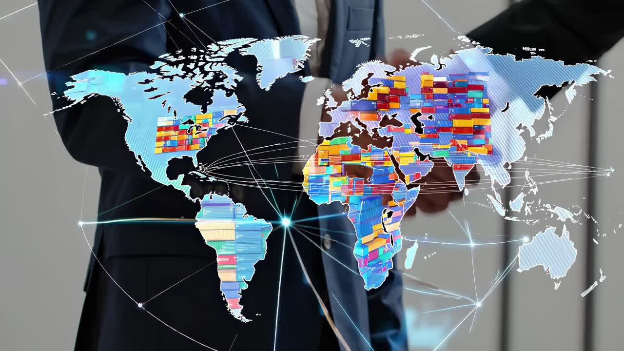 High-angle video of a handshake overlayed with a digital world map, symbolizing global business