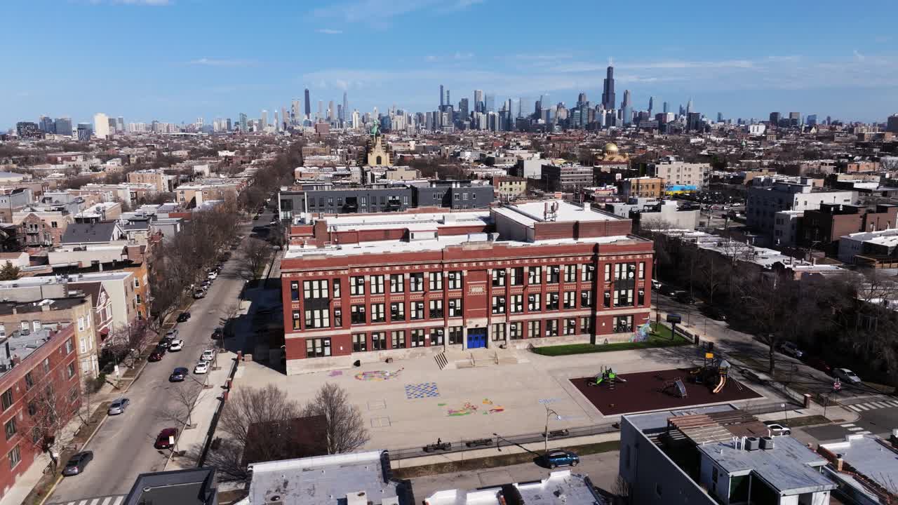 Orbiting Drone Shot Above Traditional Public School. American Education System. Wide Shot
