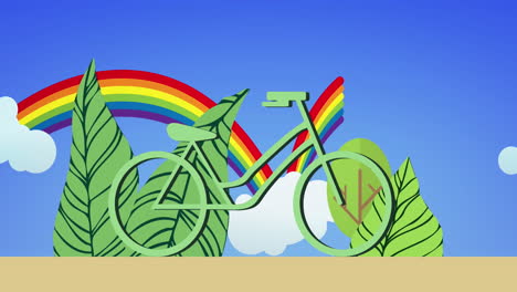 animación de bicicleta verde y hojas sobre arco iris sobre fondo azul.
