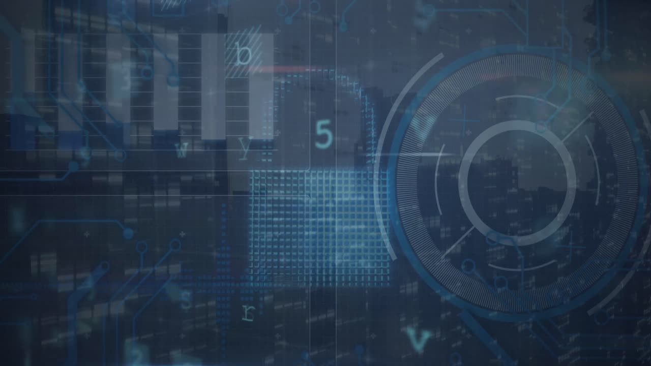 animación de textos sobre candado, nube, escudo y círculos sobre gráficos, letras, números y símbolos.