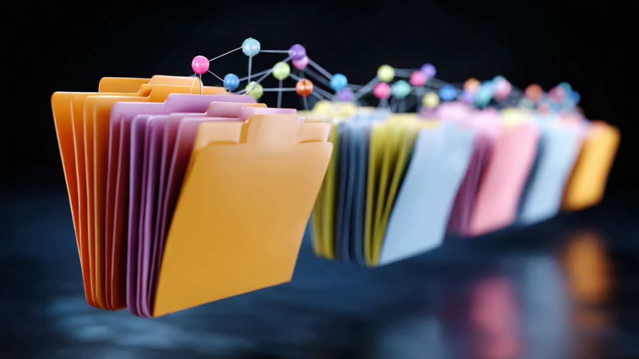 Colorful Folders Connecting: A Creative Representation of Organization and Data Management with Vibrant Files and Connecting Molecules on a Dark Background