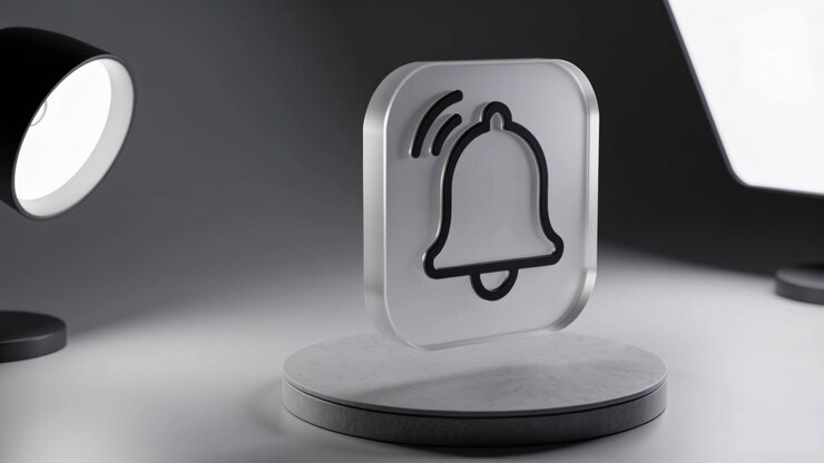 Animation starting, rotating translucent badge with black bell rising above pedestal with two lamps