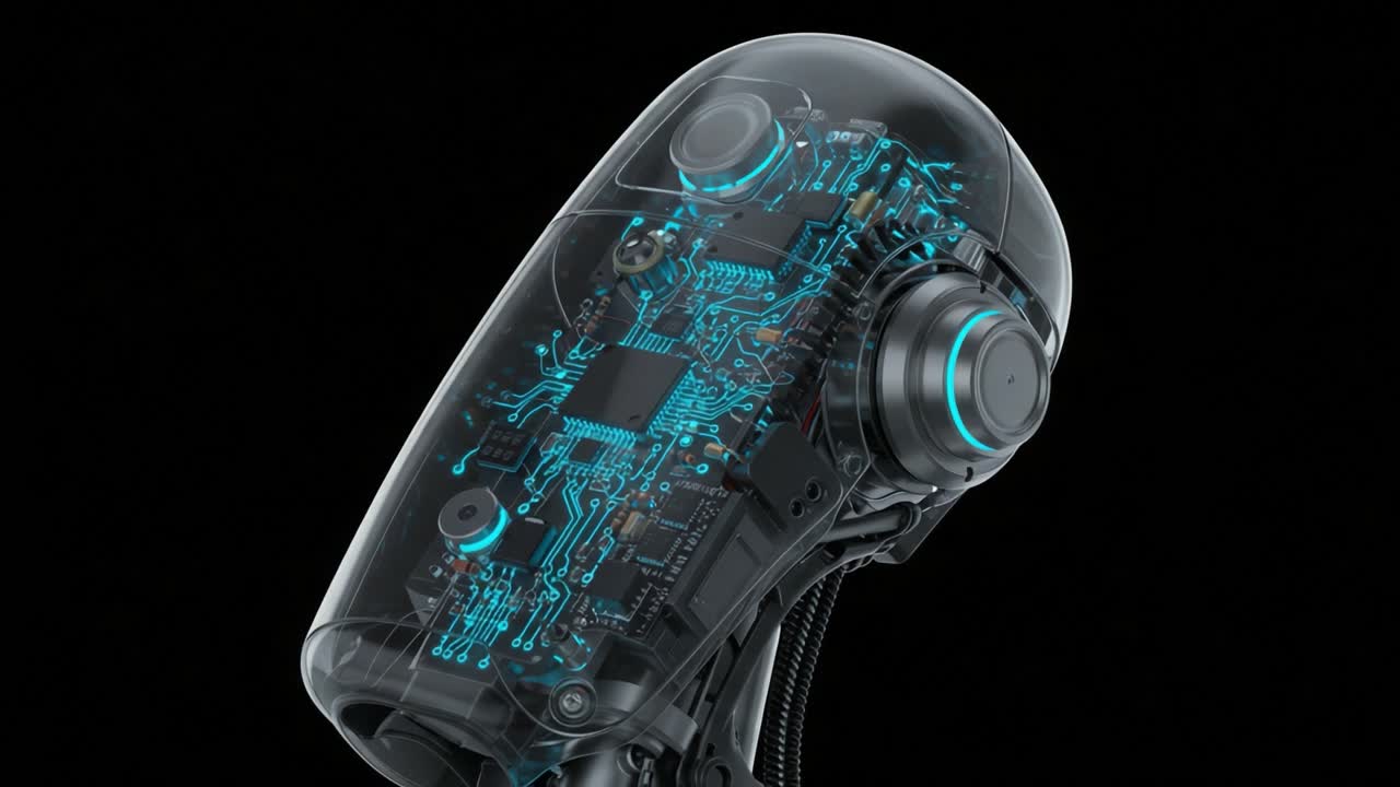 Intricate Designs of a Transparent Robot Head Showcasing Advanced Circuitry and Modern Technology with Glowing Blue Elements Against a Dark Background