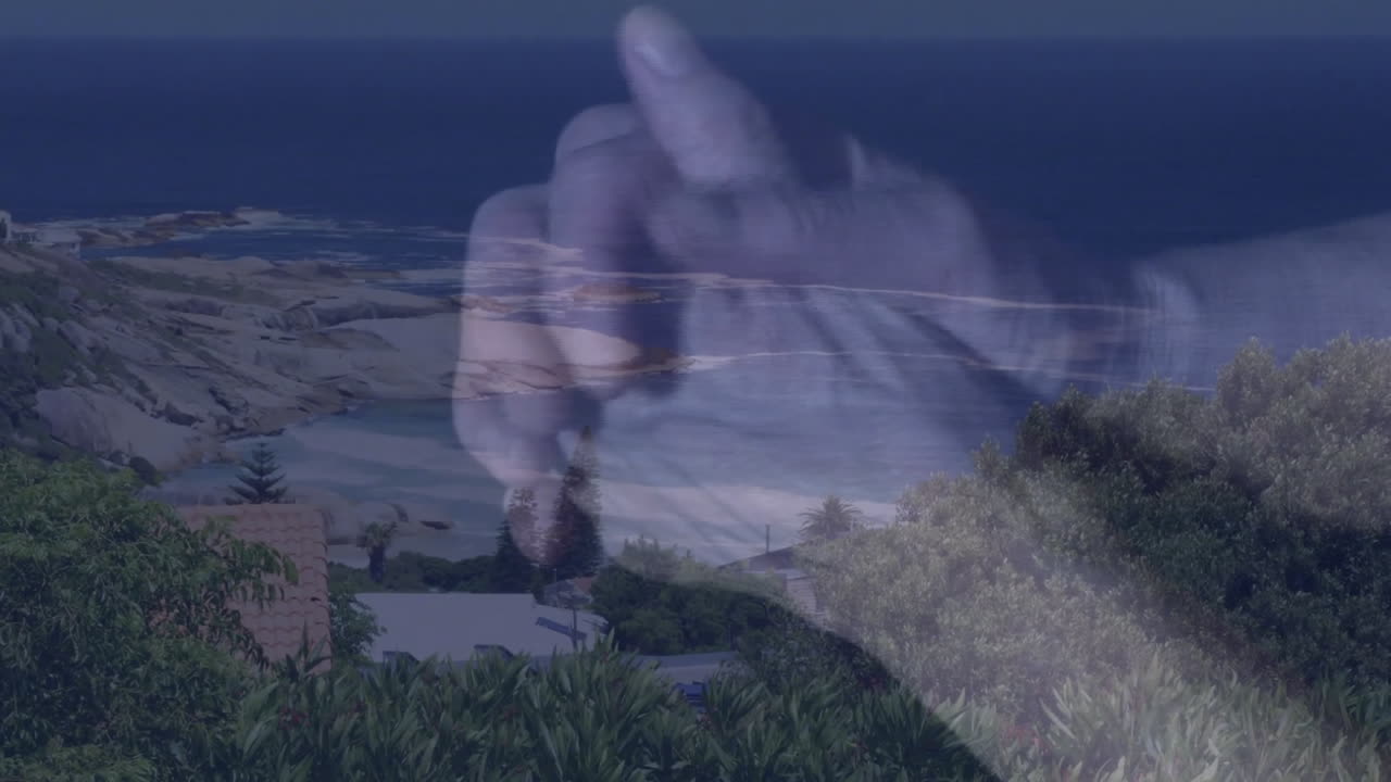 Hands clasping animation over scenic coastal landscape with ocean and greenery