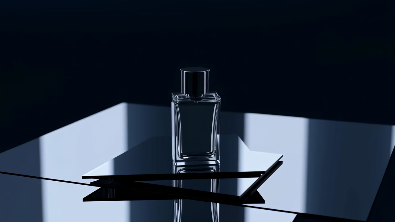 Moody Product Shot Perfume Bottle On Reflective Glass Dramatic Lowkey Blue Lighting, Sharp Geometric