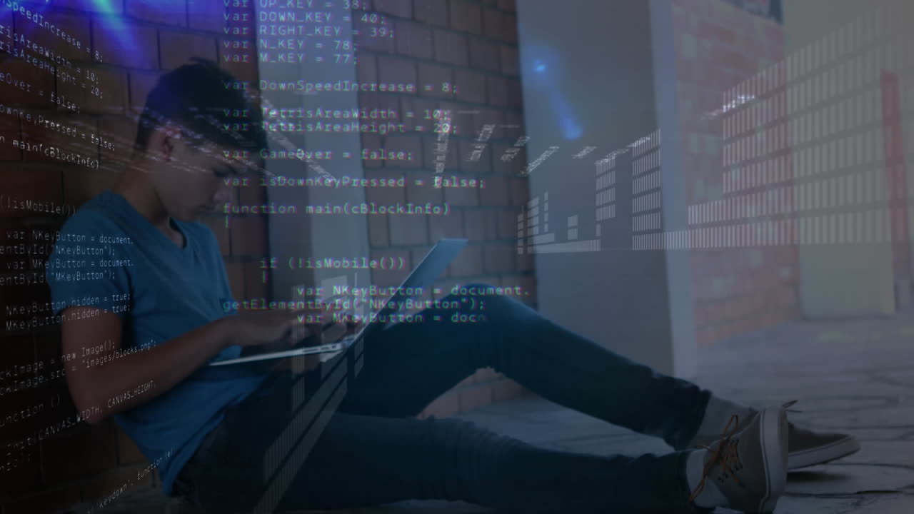 Data processing and spot of light against male student using laptop in school corridor