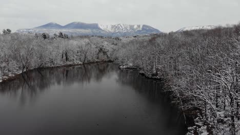 Beautiful-snowy-landscape-with-frozen-trees-surrounding-calm-lake-and-mountain-background