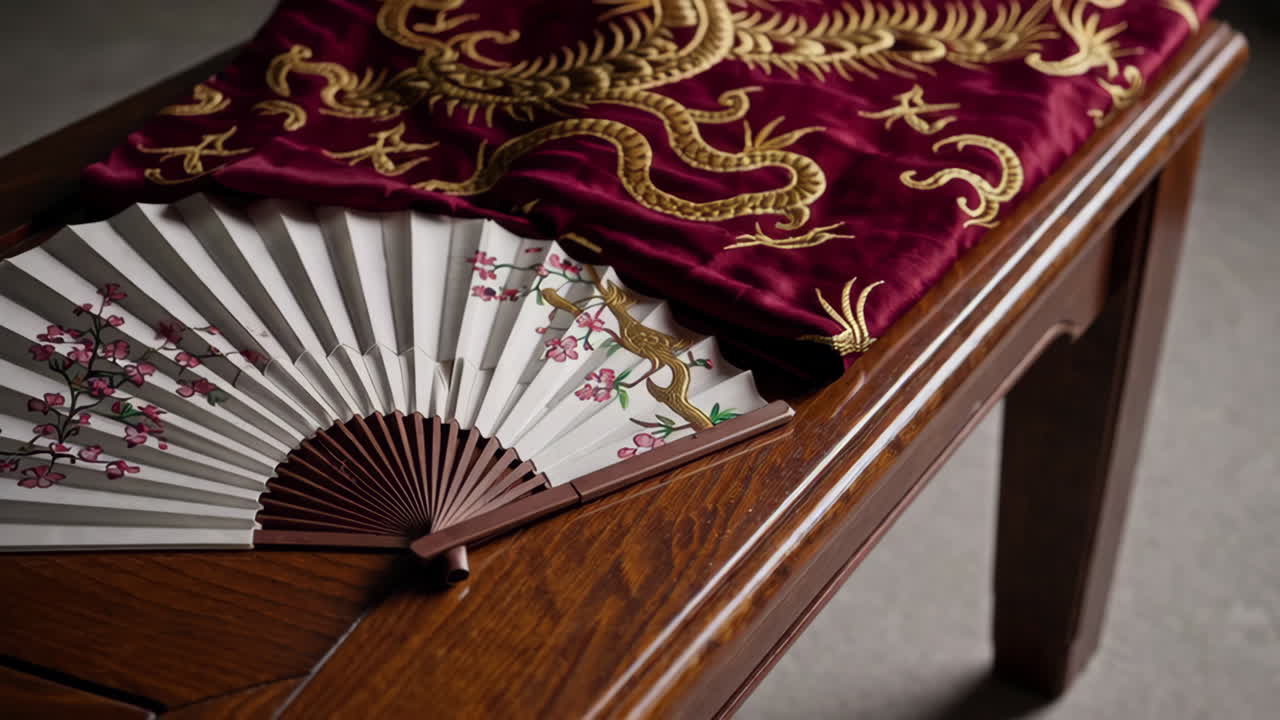 Traditional Chinese Fan and Embroidered Fabric on Wooden Table