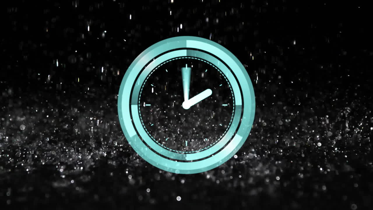 Clock animation over falling rain and dark background